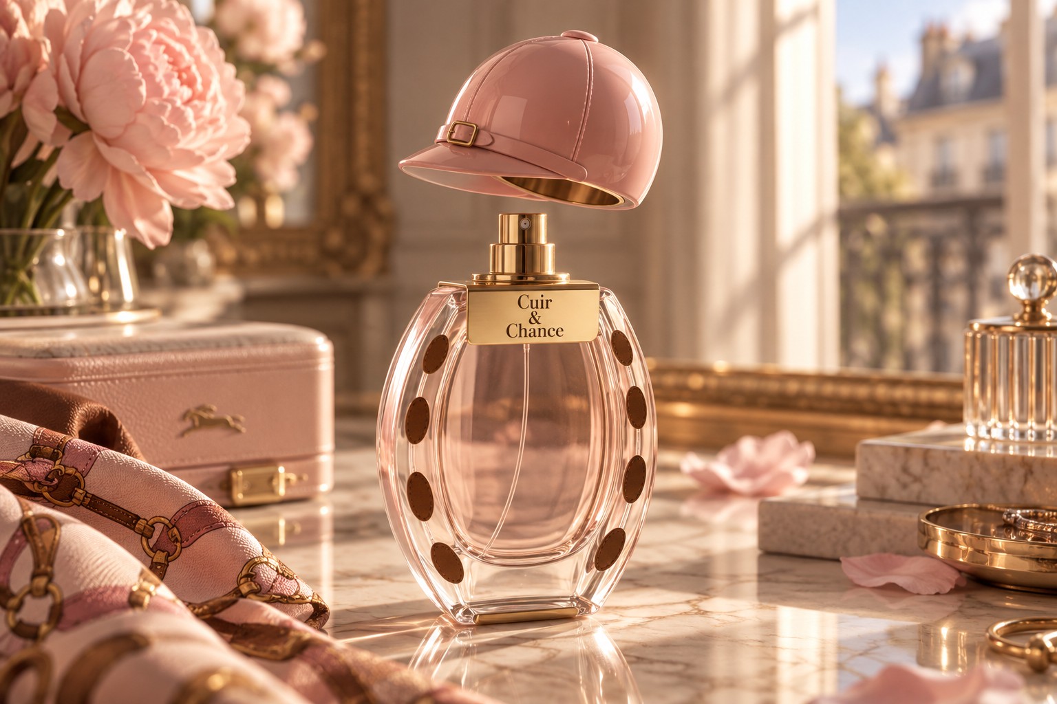 Le flacon Cuir et Chance sur la coiffeuse, vue large