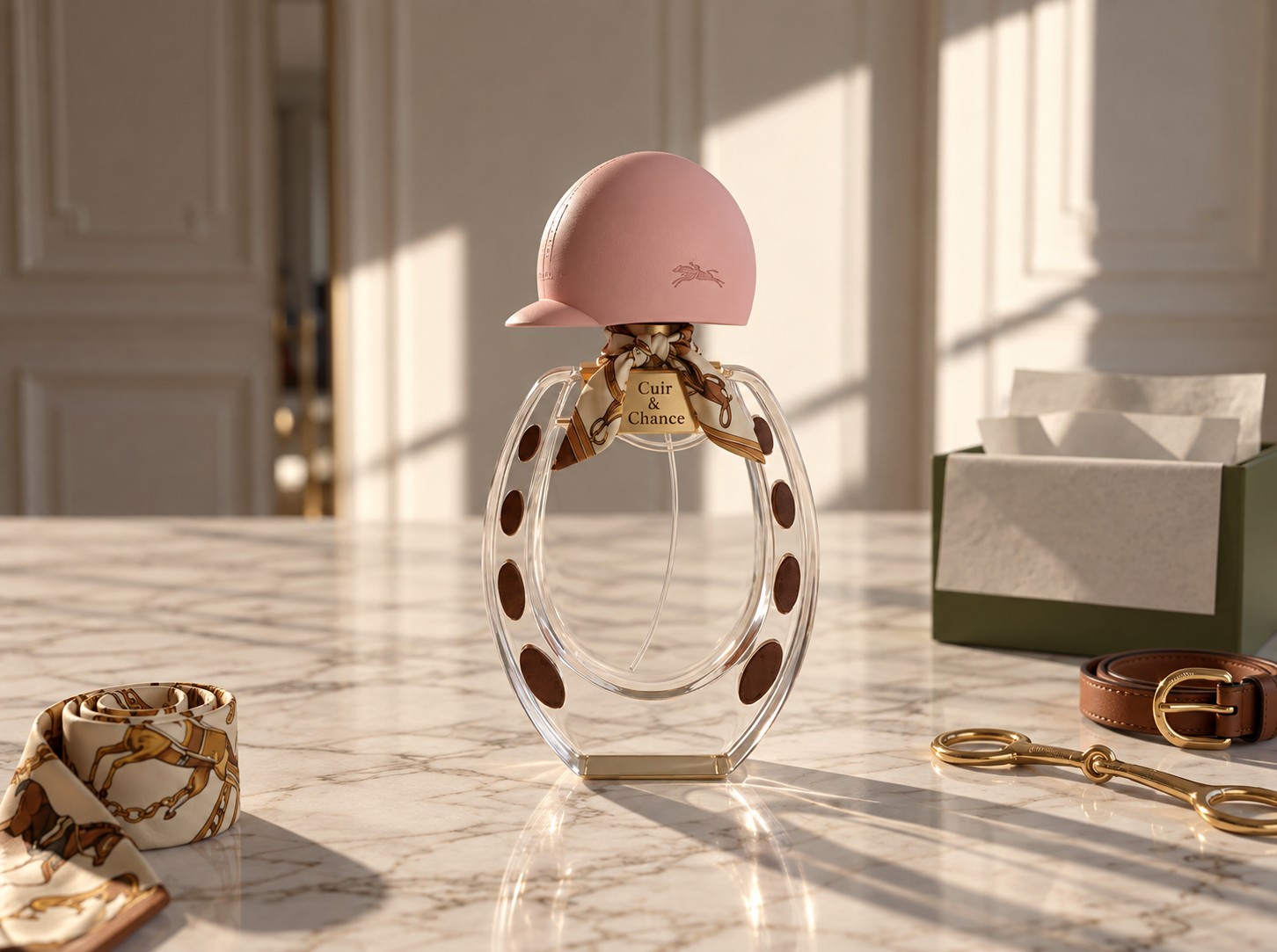 Le flacon Cuir et Chance, ruban et coffret
