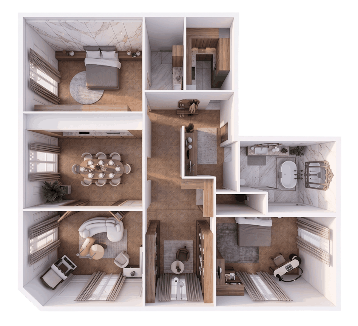 Axonométrie de l'appartement après réaménagement